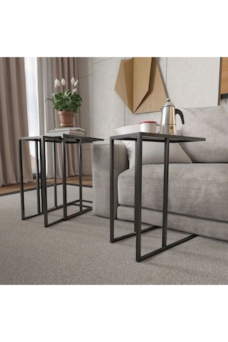 Rozy Camlı Üçlü Zigon Sehpa Siyah