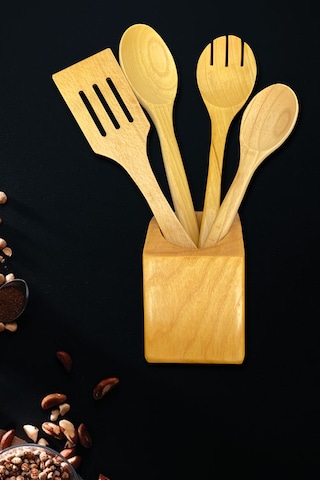 Standlı Ahşap Tahta Servis Sunum Kaşık Seti - Doğal Yağlı 5 Parça
