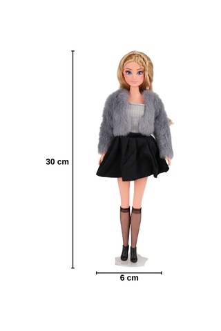 Good Girl 30 Cm Kürklü Ceketli Ve Çizmeli Moda Bebeği - Şık Aksesuarlı Manken Oyuncak Bebek Gri Siyah