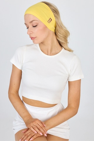 Beyaz Kısa Kol Bisiklet Yaka Vücuda Oturan Kaşkorse Crop + Bandana Set %100 Pamumklu, Esnek Rahat Sarı