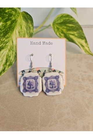El Yapımı Polimer Kil Küpe - Paslanmaz Çelik Aparatlı Mavi Çini / Seramik Motifli Kare Sallantılı Küpe Blue Tile Mavi - Beyaz