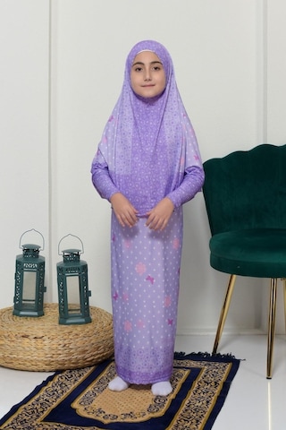 Çocuk Namaz Takımı Pratik İki Parça Desenli Kollu Tak Çıkar Başörtülü Likralı Tesettür Elbise 6-12 Yaş 901-0102 Çok Renkli