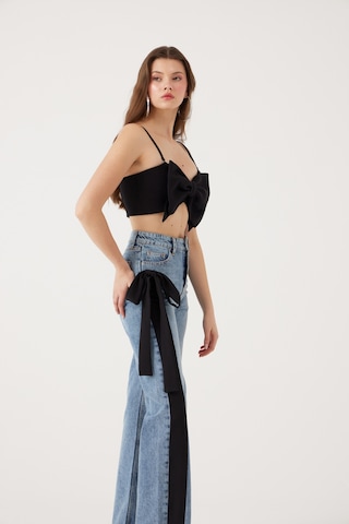 Holly Lolly Yüksek Bel Kurdele Detaylı Wide Leg Kyla Jean Pantolon Siyah