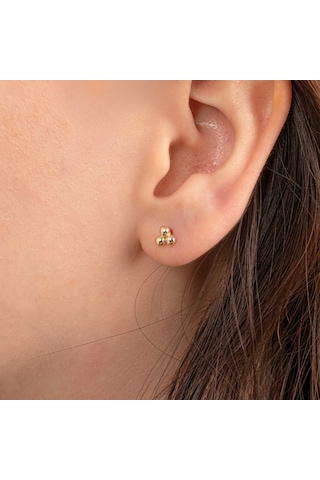 Altın Küpe - 14 Ayar Altın Üç Toplu Minimal Küpe Sarı