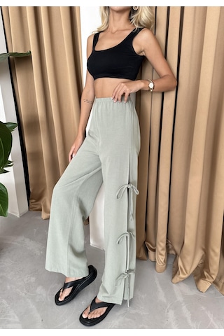 Haki %100 Pamuk Yan Yırtmaç Ve Bağlama Detaylı Pantolon Haki