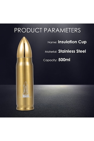 Ebitda Paslanmaz Çelik 500ml Vakumlu Su Şişesi - Seyahat İçin Mermi Şeklinde Altın