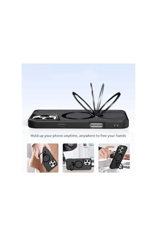 İphone 13 İle Uyumlu Kılıf Karbon Fiber Görünümlü Magsafe İle Uyumlu Stand Olabilen Carbon Case Tam Gövde Koruyucu Telefon Kılıfı Black