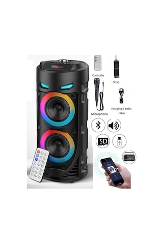 Karaoke Mikrofonlu Bluetooth Hoparlör Şarjlı Taşınabilir Led Işıklı Speaker 2x8w