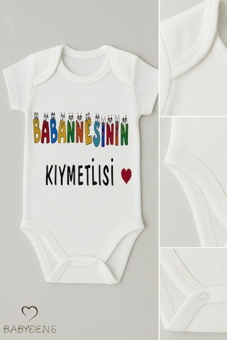Babyden's Babaannesinin Kıymetlisi Yazılı Çıtçıtlı Bebek Body Tulum %100 Pamuk Kısa Kollu Zıbın Unisex Beyaz