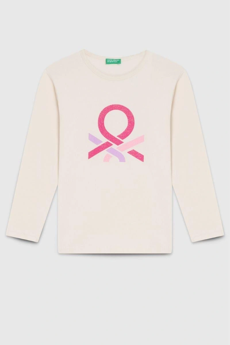 United Colors Of Benetton Kız Çocuk Bnt-g23331 Uzun Kollu Tshirt Ekru-1872 Ekru