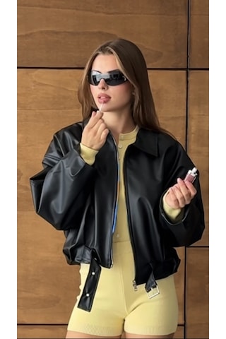 Prifaldi Premium Oversiz Bomber Deri Ceket Siyah