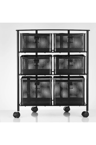 Metal Tekerlekli Paslanmaz Sebzelik 6 Bölmeli 3 Katlı Siyah Siyah