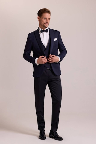Ysf Erkek Lacivert Kırlangıç Yaka Yelekli Desenli Slim Fit Damatlık