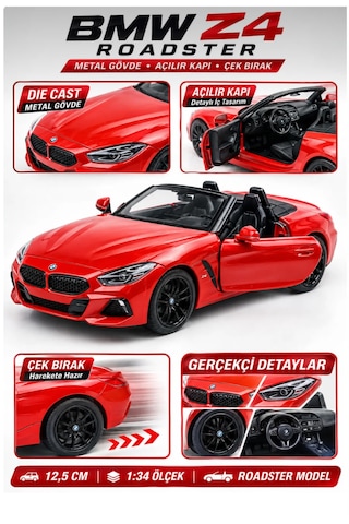 Oyuncak Bmw Z4 Diecast Açılır Kapılı Çek Bırak Metal Roadster Cabrio Model Spor Araba 1:34 Ölçek 12,5 Cm Kırmızı