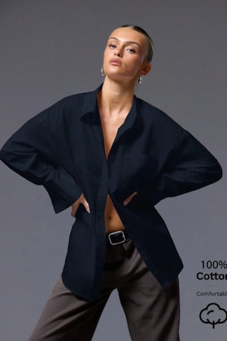 Tarz Cool Kadın Oversize Gömlek Uzun Kollu Basic Salaş Kesim Poplin Trend Şık Günlük Gömlek Lacivert