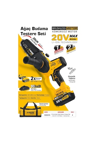 Sgs5310 20cm 20 V 4 Ah Profesyonel Kömürsüz Budama Testeresi Ağaç Kesme Makinası Motoru