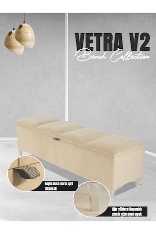 Vetra V2 Sandıklı Puf  Krem Dilimli Model Sandıklı Puf Bench - Sandıklı Yatak Ucu Bankı