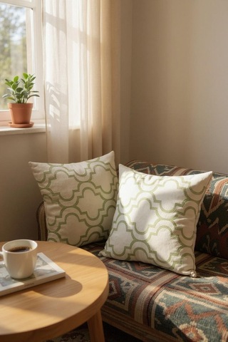 Frefly Beyaz Zeminde Yeşil Geometrik Motifli Mozaik Desenli Dijital Baskılı Yastık Kırlent Kılıfı Açık Yeşil