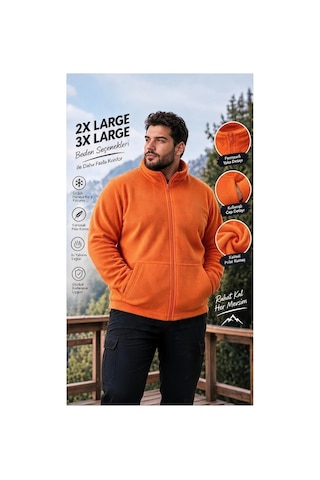 Givoria Büyük Beden Fermuarlı Polar Hırka Yumuşak Polar Ceket Turuncu Turuncu