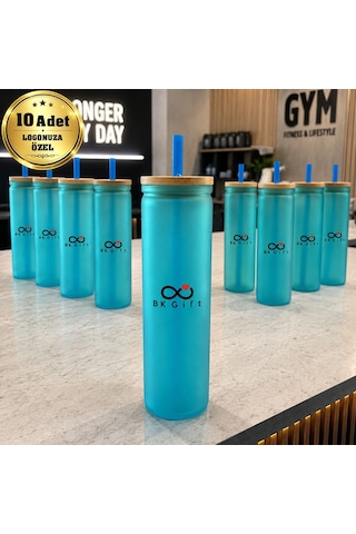 Logonuza Özel 10 Adet Plastik Pipetli Bambu Kapaklı 500 Ml Cam Suluk - Mavi