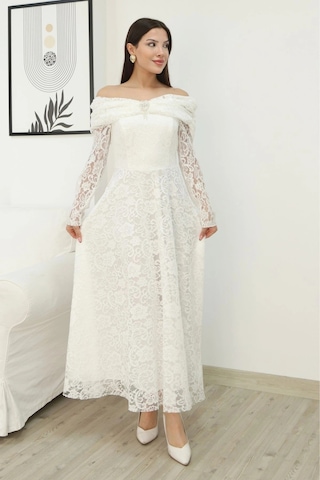 Aşkın Büyüsü Dantel Abiye Elbise 6055-beyaz Beyaz