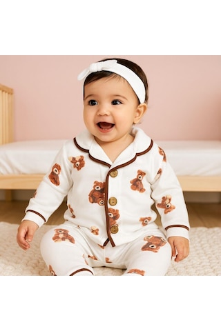 Alpbebe Bear Önden Düğmeli Mevsimlik 2 Parça Pjama Takımı -krem Krem
