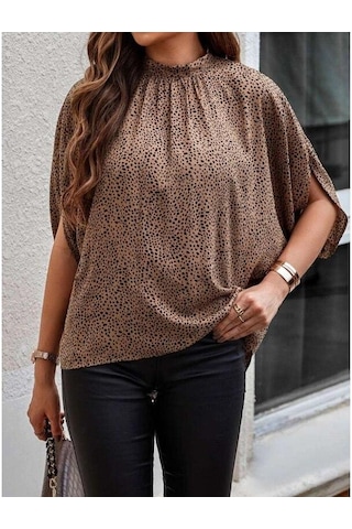 Yaz Dantel-up Leopar Baskı Batwing Kısa Kollu Bluz Zarif Gevşek Rahat Standı Yaka Gömlek Moda Şık Üstleri Kadın 25320 Orion