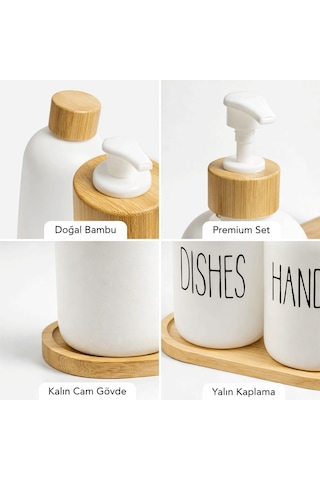 Bambu Stantlı Hands & Dishes 550 Ml Sıvı Sabunluk Seti, Mutfak Cam Sabunluk Beyaz