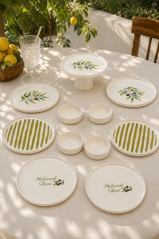 Oliva 11 Parça 6 Kişilik Stackable Seramik Kahvaltı Ve Servis Takımı Zeytin Desenli Beyaz