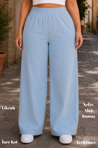 Cedy Denim Kadın Büyük Beden Yüksek Bel Palazzo Pantolon Yazlık İnce Kumaş Terletmez Likralı C633 Buz Mavisi