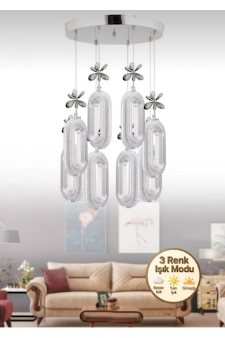 Alfa Led 8'li Krom 3 Renk Modu Ledli Kristal Taşlı Modern Led Avize Krom
