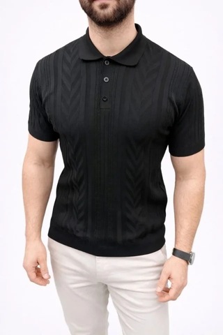 Vexor Erkek Yazlık Triko Tişört Kısa Kol Polo Yaka Düğmeli T-shirt - Siyah