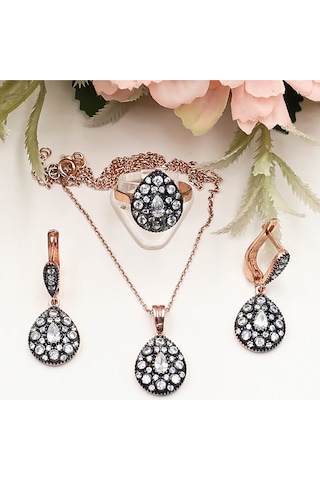 Elmas Montürlü Damla Taşlı Damla Set Rose Gold - Gümüş