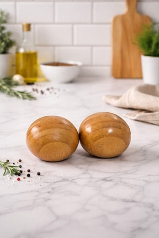 Makri Home Yuvarlak Bambu Tuzluk & Karabiberlik Seti Doğal Bambu Baharatlık Diğer