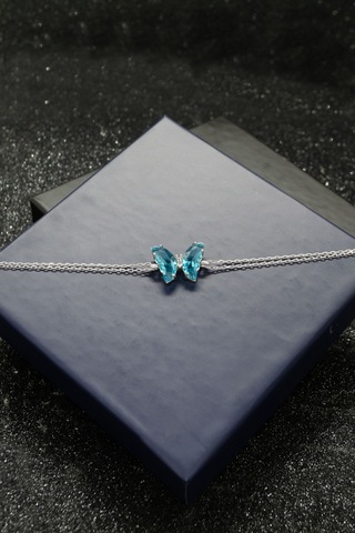 Turkuaz Mavisi Kelebek Özel Taşlı 925 Ayar Gümüş Ayarlanabilir Bileklik - Gümüş