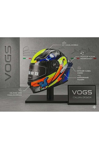 Ws-210 Güneş Vizörlü Çene Açılır Kask Mavi Sarı Şeffaf Vizörlü İtaly Dizany Çok Renkli