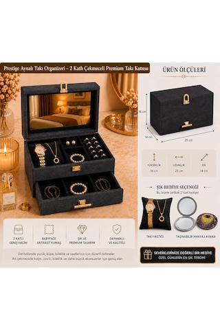Prestige Aynalı Takı Organizeri 2 Katlı Çekmeceli Premium Takı Kutusu Çok Renkli