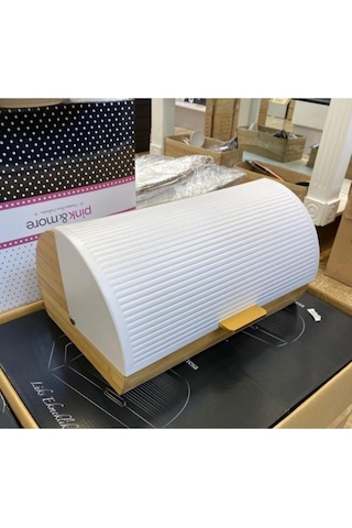 Bambulu Metal Kapaklı Ekmek Dolabı Beyaz