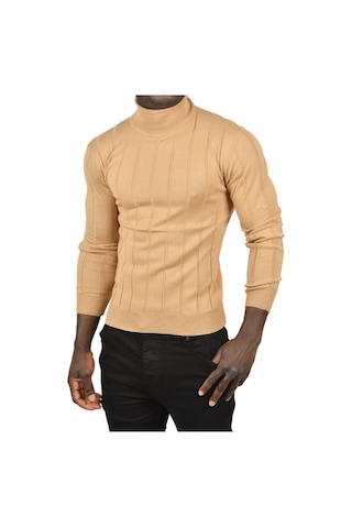 Deepsea Erkek Camel Slim Fit Likralı Tam Balıkçı Yaka Çizgili Boğazlı Kazak 2505504 Camel