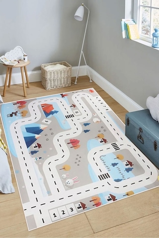Dijital Kaymaz Yıkanabilir Araba Yollu Harita Çocuk Halısı Çocuk Oyun Halısı Çocuk Odası Dekorasyon DC-9114 Mavi
