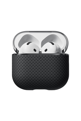 Apple Uyumlu AirPods 4 Kılıf 1500d Aramid Fiber Pitaka Ultra-slim Classic Serisi Black-grey Twill Kapak Siyah-gri