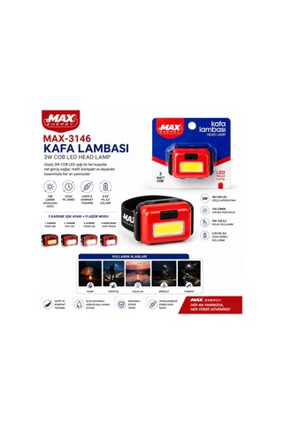 Pilli 3w Cob Led Kafa Lambası Fener 3-kademe Işık Ayarı- Flaşör 4.5v 120lümen Bx40