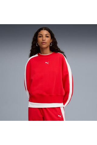 Puma T7 Over Oversized Crew Kadın Kırmızı Bisiklet Yaka Sweatshirt Kırmızı