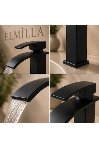 Lüx Premium Mat Siyah Şelale Lavabo Bataryası Çift Su Girişli Modern Tasarım Batarya