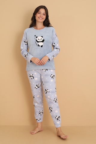 Fawn 1204 Peluş Welsoft Polar Kışlık Yumoş Panda Kadın Pijama Takımı Açık Mavi
