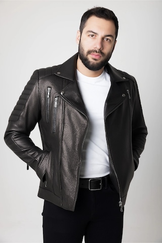 Derije Lucas Hakiki Jumbo Deri Erkek Siyah Biker Motorcu Tarzı Ceket-mont Siyah