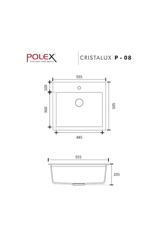 Polex Cristalüx Granit Evye P-08 Siyah Tezgah Altı Ve Tezgah Üstü Kare Mutfak Evyesi 55.5x50 CM