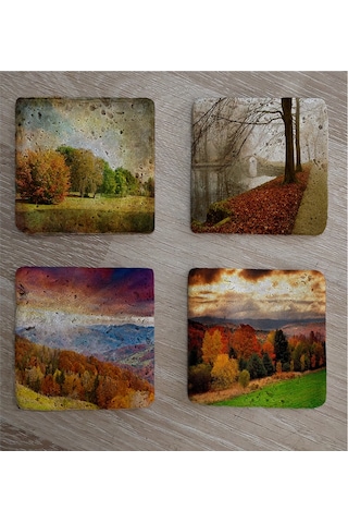 Sonbahar Manzaraları Doğal Taş Bardak Altlığı 4'lü Set - Natural Stone Coasters-174262 Çok Renkli