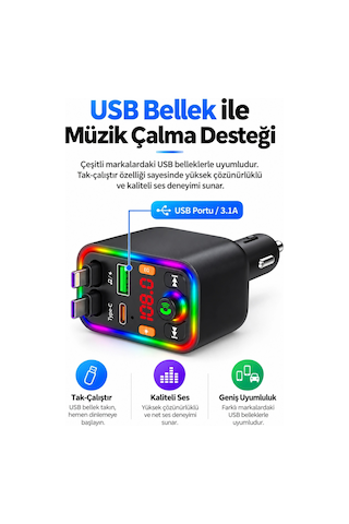 Castu T6 120w Hızlı Araç Şarj Cihazı Fm Transmitter Bluetooth Araç Kit Yıldız Lazer Işıklı