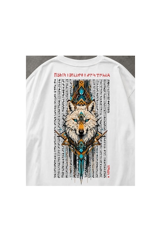 Yolo Street Etnik Kurt Baskılı Beyaz Oversize Erkek Tişört Sırt Baskı %100 Pamuk Vintage Streetwear 1abeyaz